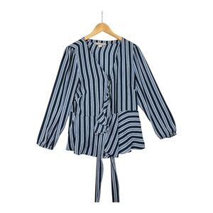 Loft Striped Long‎ Sleeve Faux Wrap Blouse size Medium Blue